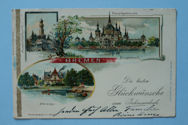Ansichtskarte Litho AK Bremen 1902 Bürgerpark Hautgebäude Meierei Aussichtsturm Restaurant Jahreswechsel Glückwunsch Architektur Ortsansicht